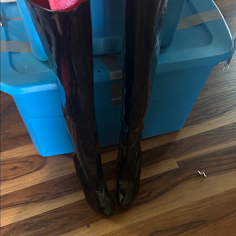Pleaser Black Patent Over-the-Knee Heeled Boots